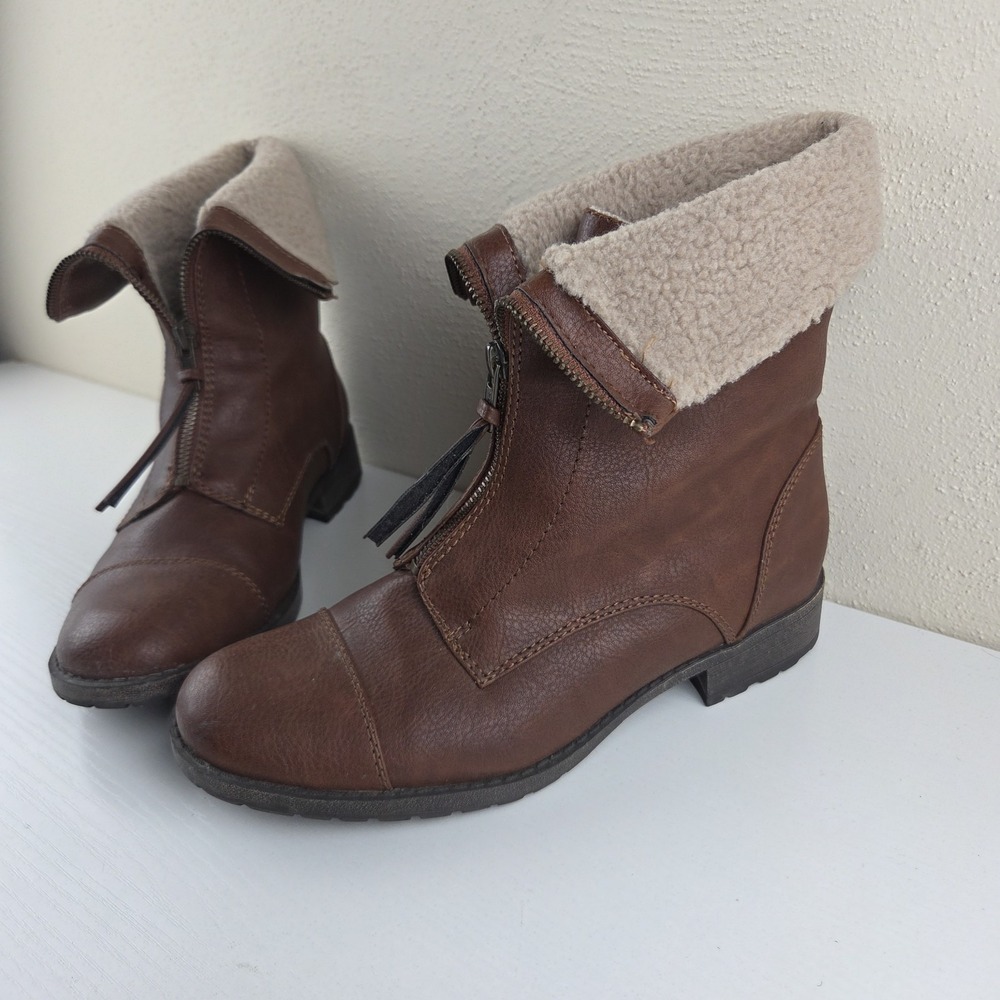 Bass Ally Brown Front Zip Faux Fur Lined Leather Winter Boots Women's Size 8.5 M
